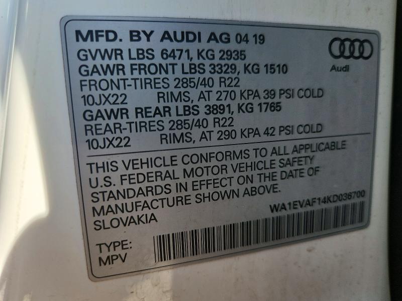 Aukcja sprzedaży 2019 Audi Q8, vin: WA1EVAF14KD036700, numer aukcji: 65019606
