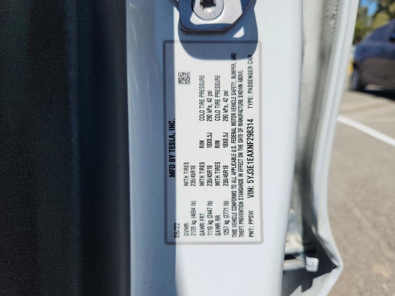66148276 :رقم المزاد ، 5YJ3E1EAXNF298314 vin ، 2022 Tesla Model 3 مزاد بيع