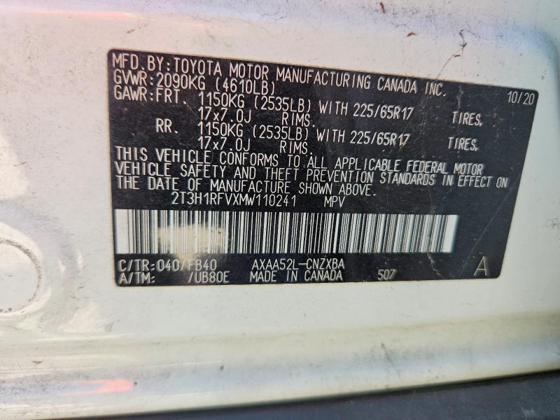 65876396 :رقم المزاد ، 2T3H1RFVXMW110241 vin ، 2021 Toyota Rav4 مزاد بيع