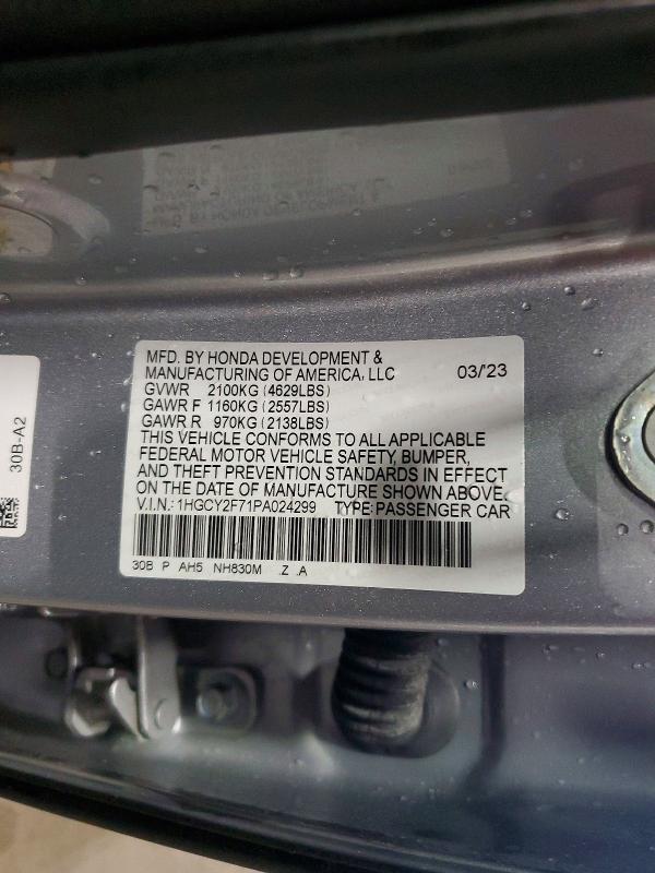2023 Honda Accord მანქანა იყიდება აუქციონზე, vin: 1HGCY2F71PA024299, აუქციონის ნომერი: 66530546