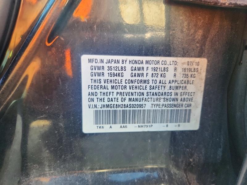 2010 Honda Fit მანქანა იყიდება აუქციონზე, vin: JHMGE8H28AS020957, აუქციონის ნომერი: 65687946