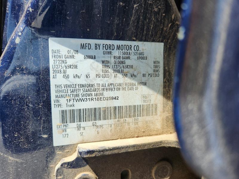2008 Ford F350 მანქანა იყიდება აუქციონზე, vin: 1FTWW31R18ED25942, აუქციონის ნომერი: 62950096