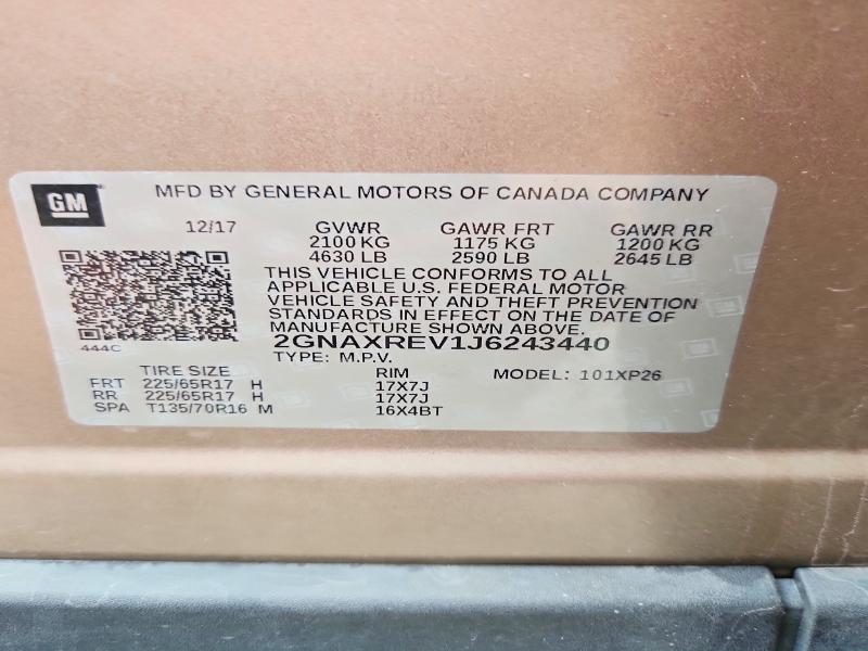 Aukcja sprzedaży 2018 Chevrolet Equinox, vin: 2GNAXREV1J6243440, numer aukcji: 65170106