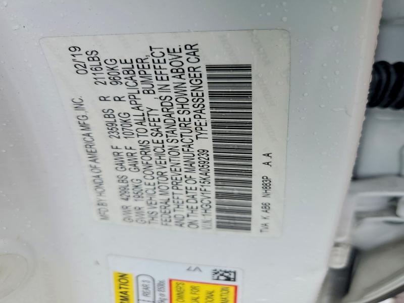 63487336 :رقم المزاد ، 1HGCV1F15KA059239 vin ، 2019 Honda Accord مزاد بيع