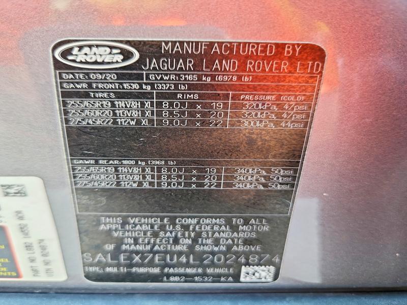66636756 :رقم المزاد ، SALEX7EU4L2024874 vin ، 2020 Land Rover Defender مزاد بيع