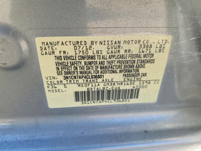 Auction sale of the 2012 Nissan Versa, vin: 3N1CN7AP4CL936801, lot number: 64143386
