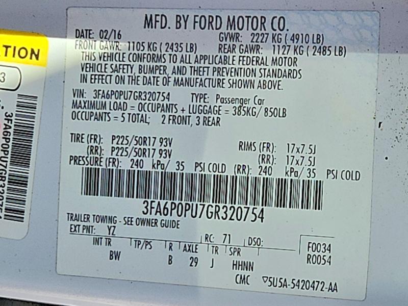 2016 Ford Fusion Se მანქანა იყიდება აუქციონზე, vin: 3FA6P0PU7GR320754, აუქციონის ნომერი: 66039346