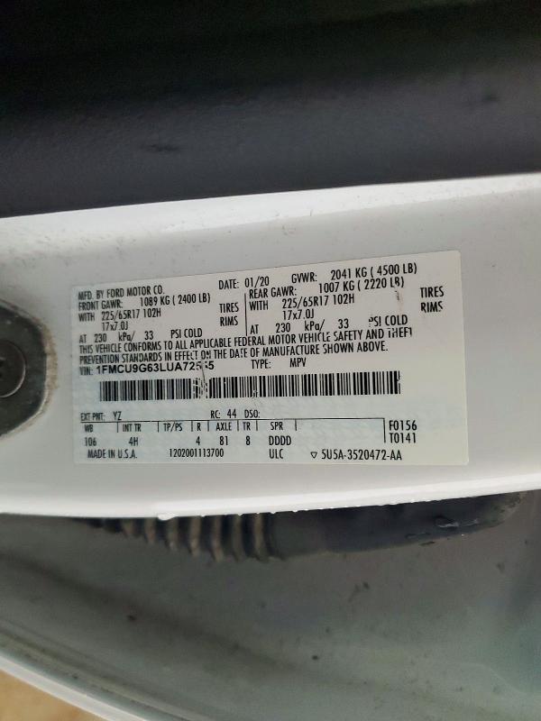Продаж на аукціоні авто 2020 Ford Escape, vin: 1FMCU9G63LUA72545, номер лоту: 65014916
