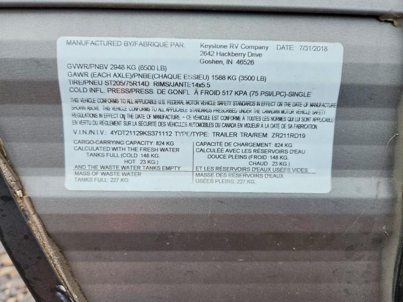 Продажа на аукционе авто 2019 Keystone Zinger, vin: 4YDT21129KS371112, номер лота: 62608066