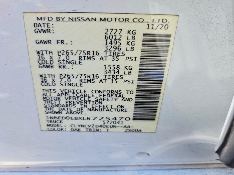 Auction sale of the 2020 Nissan Frontier, vin: 1N6ED0EBXLN725470, lot number: 64534396