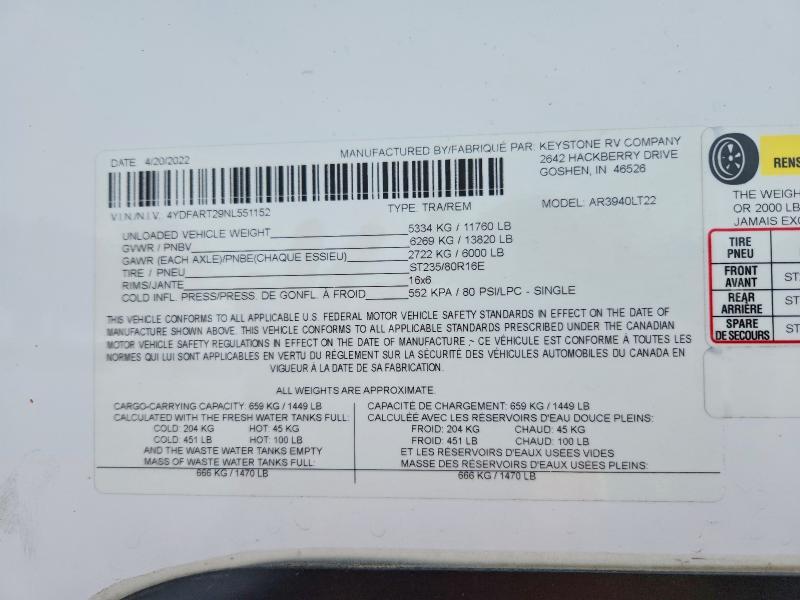 2022 Keystone Arcadia 3940 Lt მანქანა იყიდება აუქციონზე, vin: 4YDFART29NL551152, აუქციონის ნომერი: 62931356