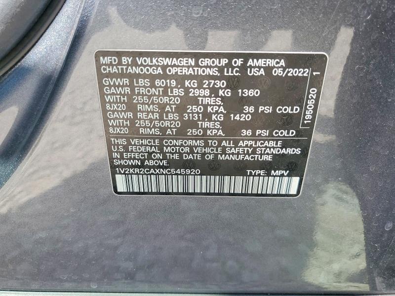 64570946 :رقم المزاد ، 1V2KR2CAXNC545920 vin ، 2022 Volkswagen Atlas مزاد بيع