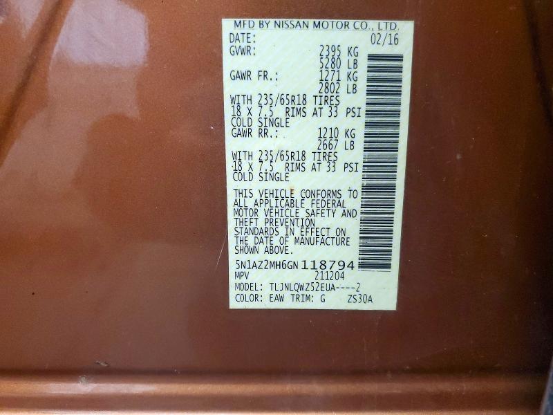 67337926 :رقم المزاد ، 5N1AZ2MH6GN118794 vin ، 2016 Nissan Murano مزاد بيع