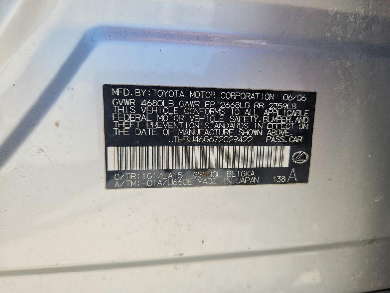Aukcja sprzedaży 2007 Lexus Es, vin: JTHBJ46G672029422, numer aukcji: 64551746