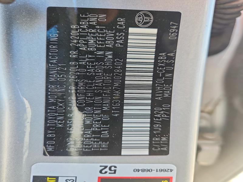 2021 Toyota Camry მანქანა იყიდება აუქციონზე, vin: 4T1G31AK7MU028402, აუქციონის ნომერი: 66617886