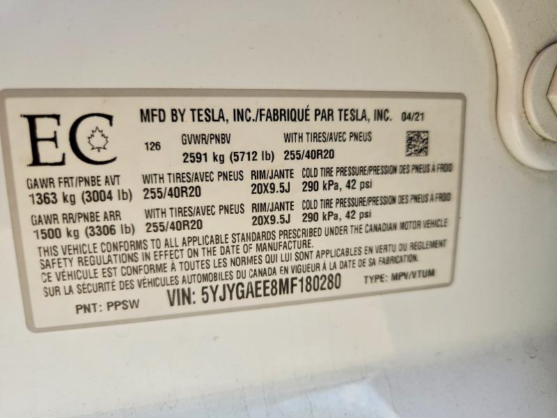 Aukcja sprzedaży 2021 Tesla Model Y, vin: 5YJYGAEE8MF180280, numer aukcji: 65575266