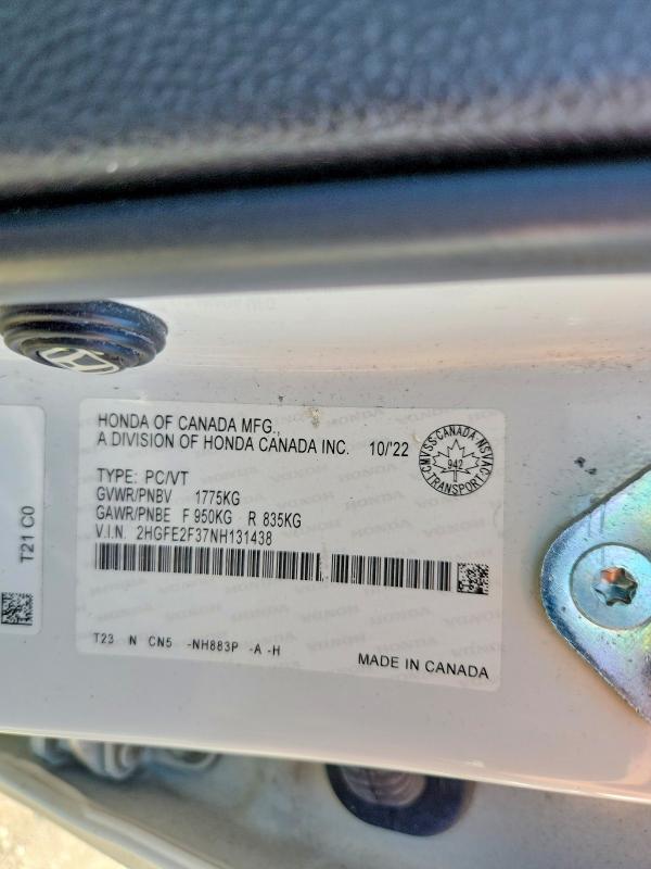 Продажа на аукционе авто 2022 Honda Civic, vin: 2HGFE2F37NH131438, номер лота: 58386576