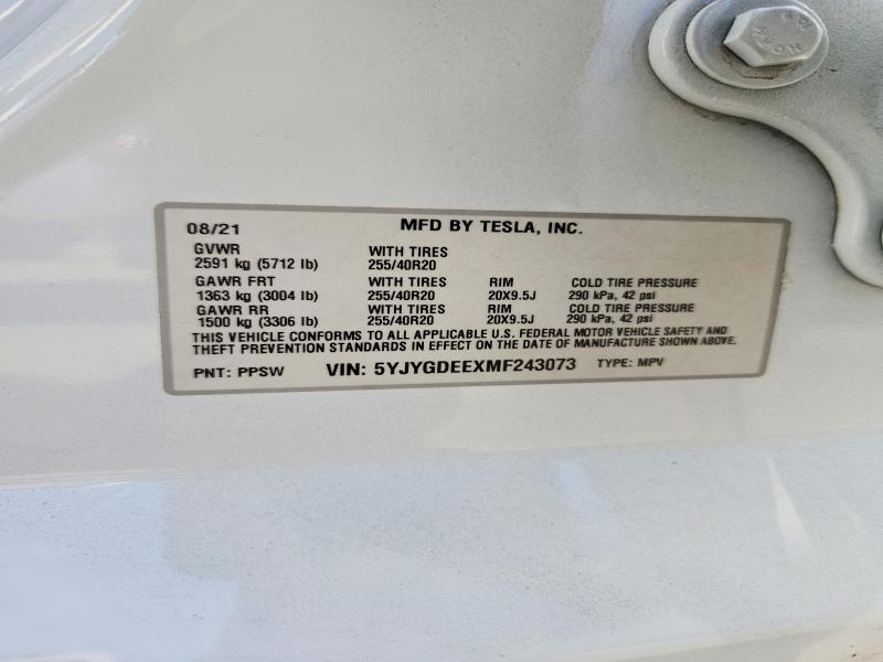 Aukcja sprzedaży 2021 Tesla Model Y, vin: 5YJYGDEEXMF243073, numer aukcji: 67204566