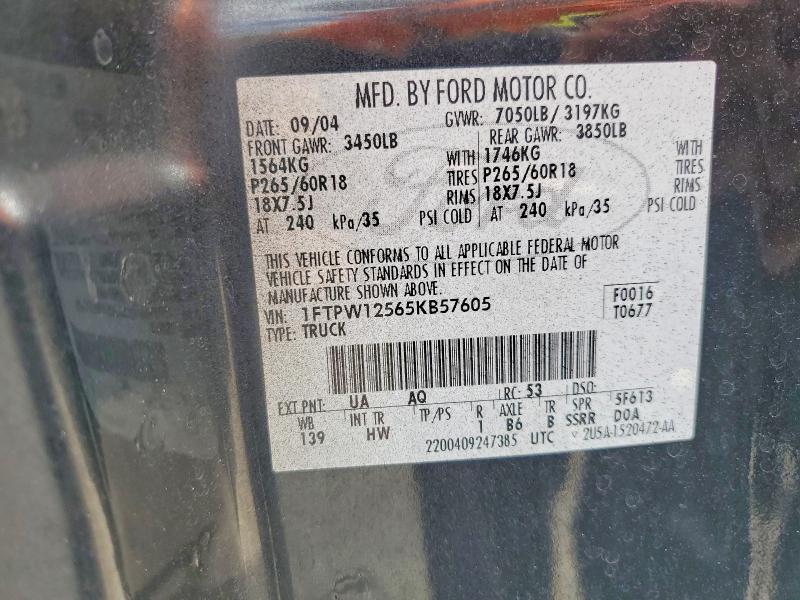 64264856 :رقم المزاد ، 1FTPW12565KB57605 vin ، 2005 Ford F150 مزاد بيع
