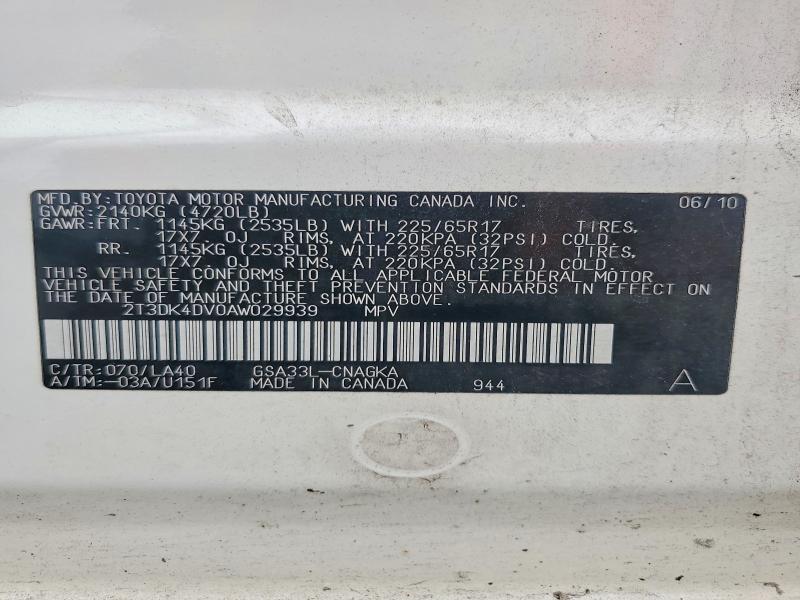 Aukcja sprzedaży 2010 Toyota Rav4, vin: 2T3DK4DV0AW029939, numer aukcji: 65369486