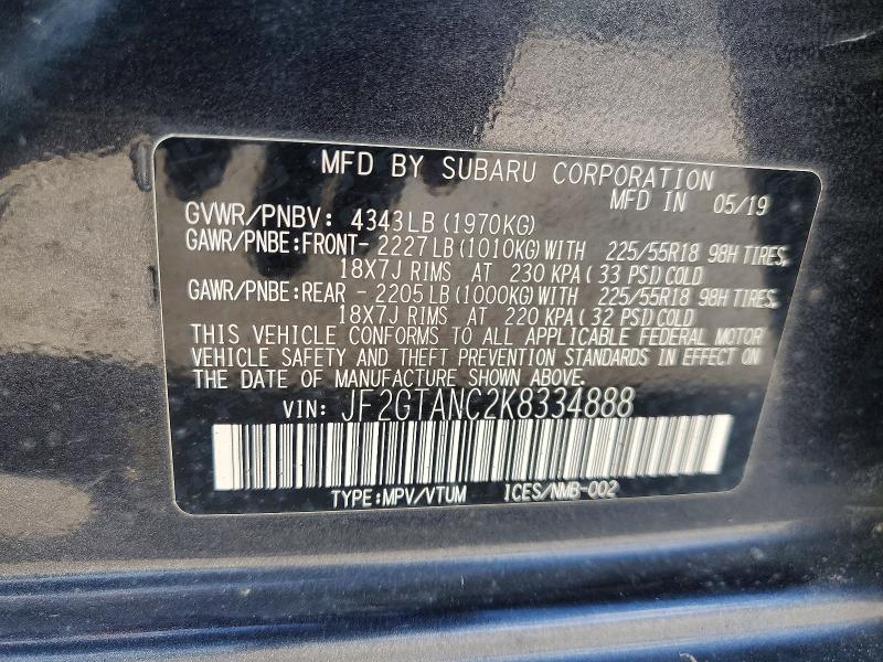 2019 Subaru Crosstrek მანქანა იყიდება აუქციონზე, vin: JF2GTANC2K8334888, აუქციონის ნომერი: 64214506