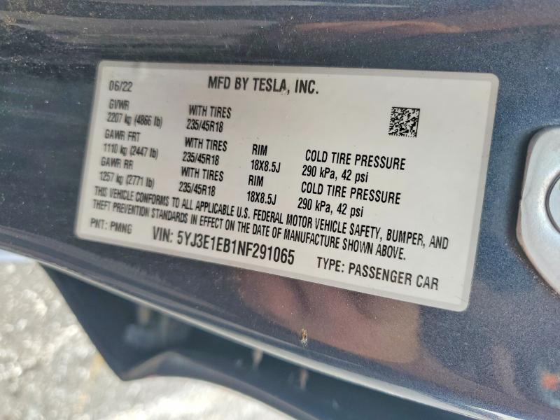 64896686 :رقم المزاد ، 5YJ3E1EB1NF291065 vin ، 2022 Tesla Model 3 مزاد بيع