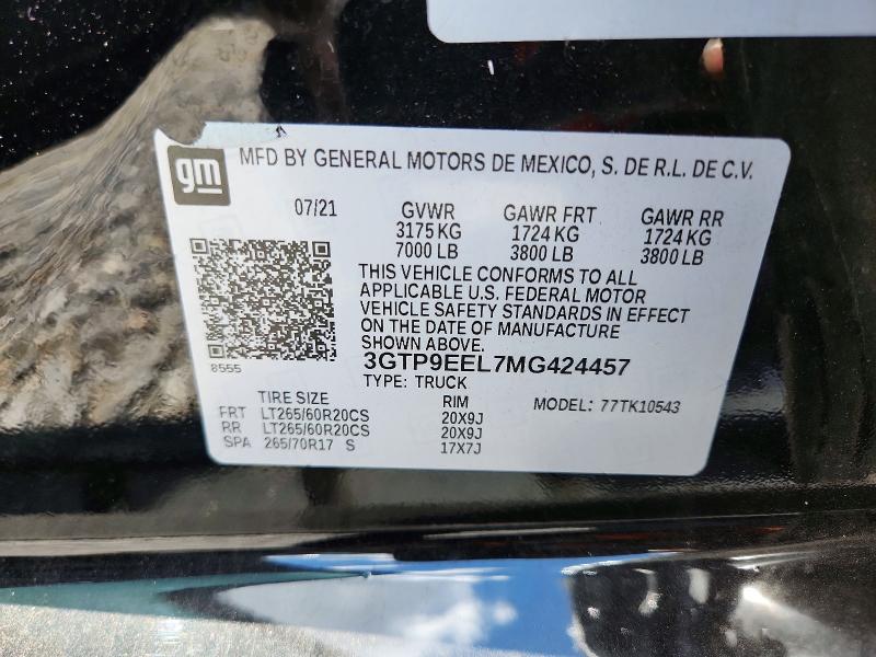 Aukcja sprzedaży 2021 Gmc Sierra, vin: 3GTP9EEL7MG424457, numer aukcji: 63937776