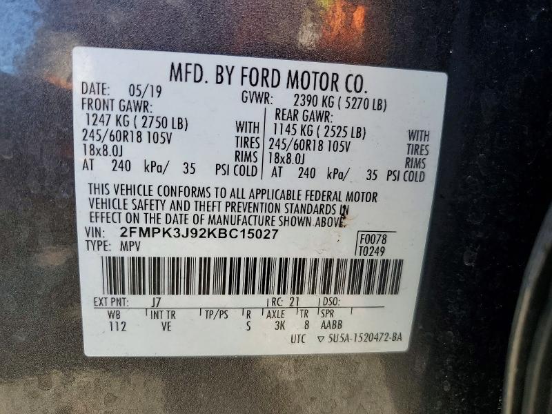65707416 :رقم المزاد ، 2FMPK3J92KBC15027 vin ، 2019 Ford Edge مزاد بيع
