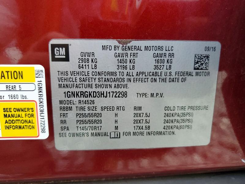 Aukcja sprzedaży 2017 Chevrolet Traverse, vin: 1GNKRGKD3HJ172298, numer aukcji: 64143226