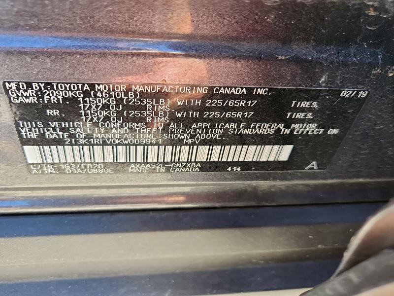 Aukcja sprzedaży 2019 Toyota Rav4, vin: 2T3K1RFV0KW009941, numer aukcji: 63687106