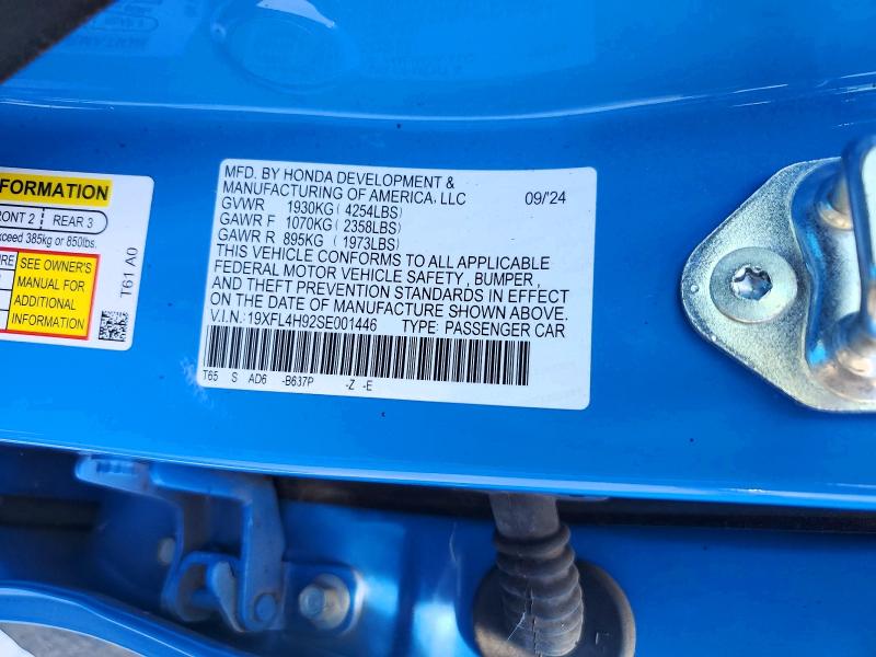 2025 Honda Civic მანქანა იყიდება აუქციონზე, vin: 19XFL4H92SE001446, აუქციონის ნომერი: 64095336