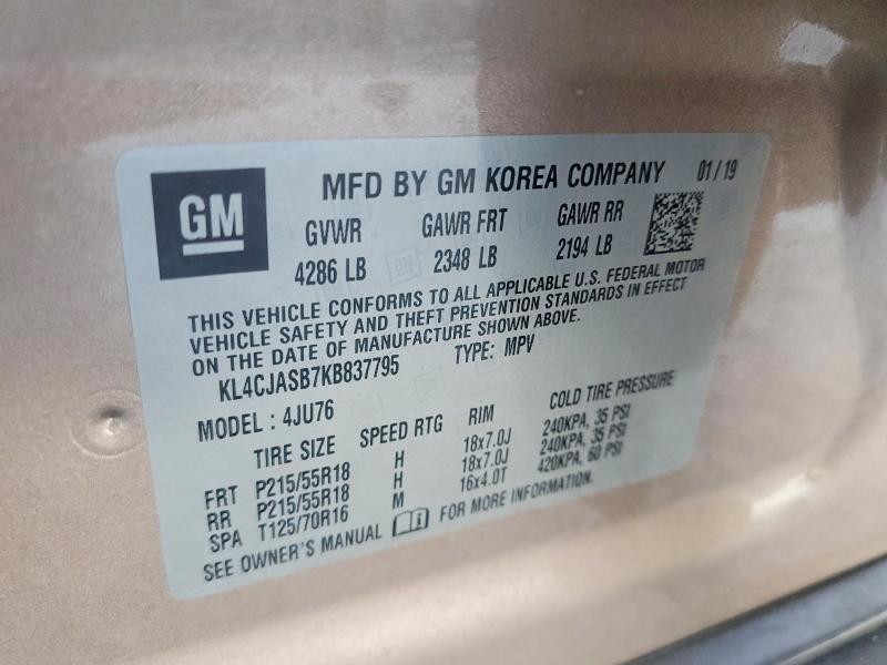 2019 Buick Encore მანქანა იყიდება აუქციონზე, vin: KL4CJASB7KB837795, აუქციონის ნომერი: 65579456