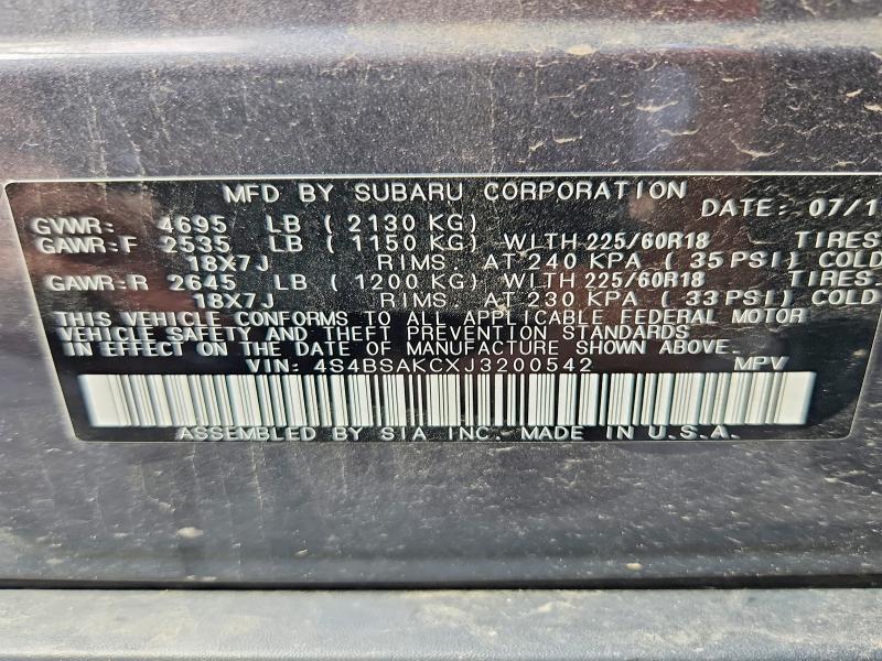 Aukcja sprzedaży 2018 Subaru Outback, vin: 4S4BSAKCXJ3200542, numer aukcji: 64649036