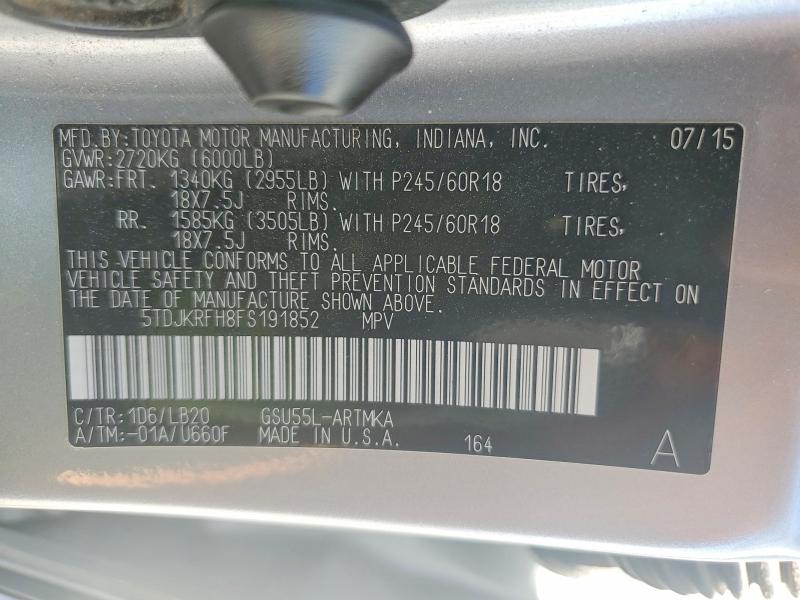 65582486 :رقم المزاد ، 5TDJKRFH8FS191852 vin ، 2015 Toyota Highlander مزاد بيع