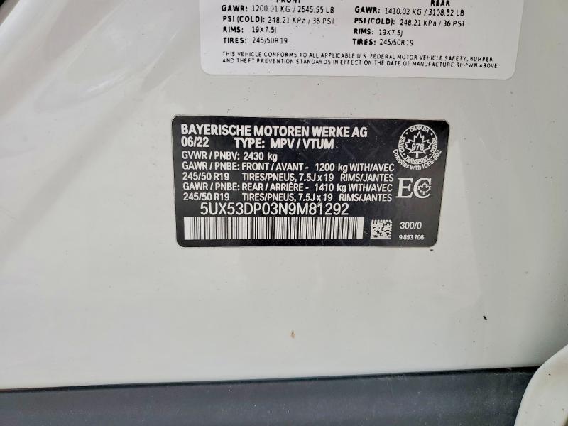 Продаж на аукціоні авто 2022 Bmw X3, vin: 5UX53DP03N9M81292, номер лоту: 65641366