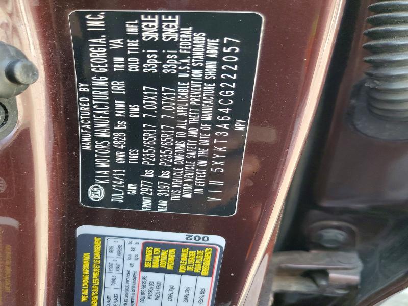 64249566 :رقم المزاد ، 5XYKT3A64CG222057 vin ، 2012 Kia Sorento مزاد بيع