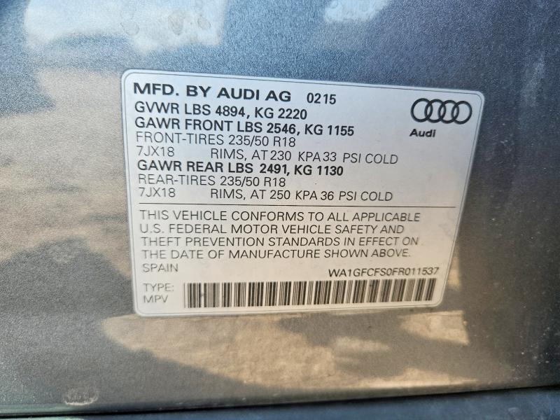 65577956 :رقم المزاد ، WA1GFCFS0FR011537 vin ، 2015 Audi Q3 مزاد بيع