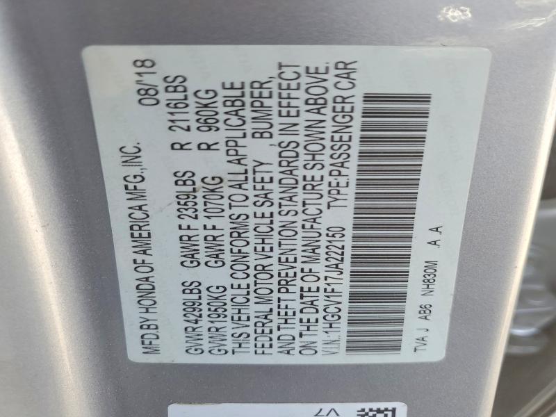 2018 Honda Accord მანქანა იყიდება აუქციონზე, vin: 1HGCV1F17JA222150, აუქციონის ნომერი: 64954956