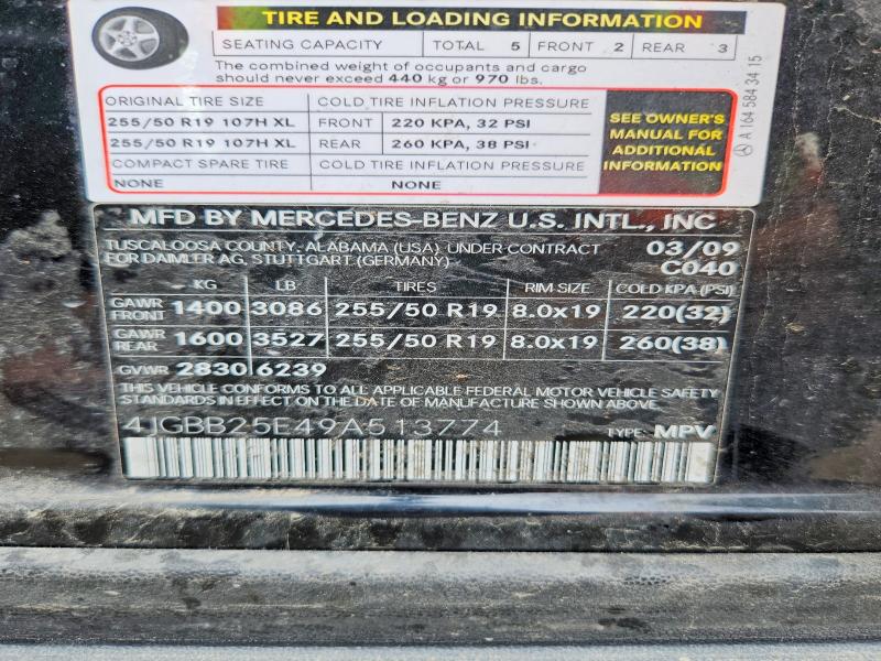 66116186 :رقم المزاد ، 4JGBB25E49A513774 vin ، 2009 Mercedes-benz Ml مزاد بيع