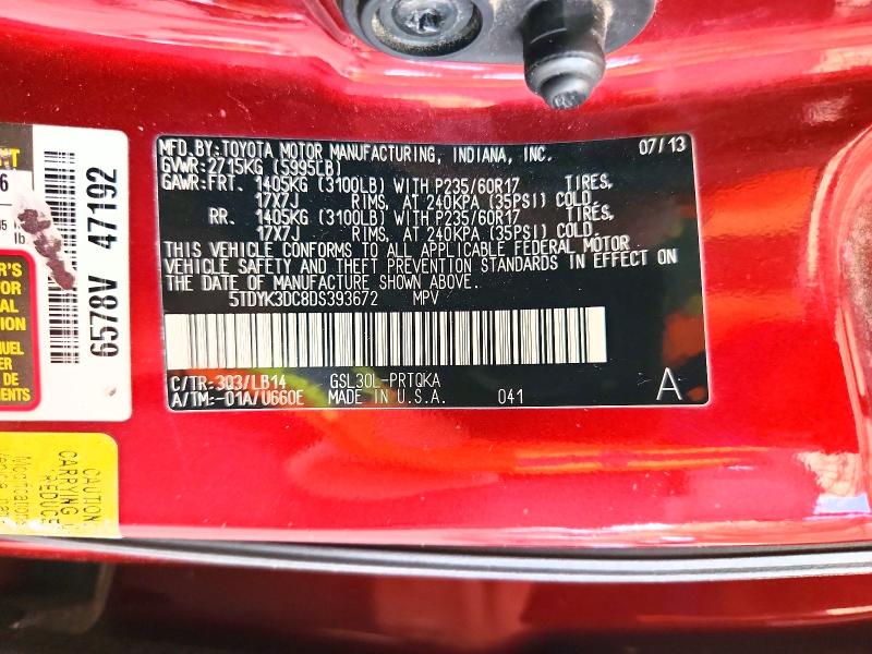 63913386 :رقم المزاد ، 5TDYK3DC8DS393672 vin ، 2013 Toyota Sienna مزاد بيع