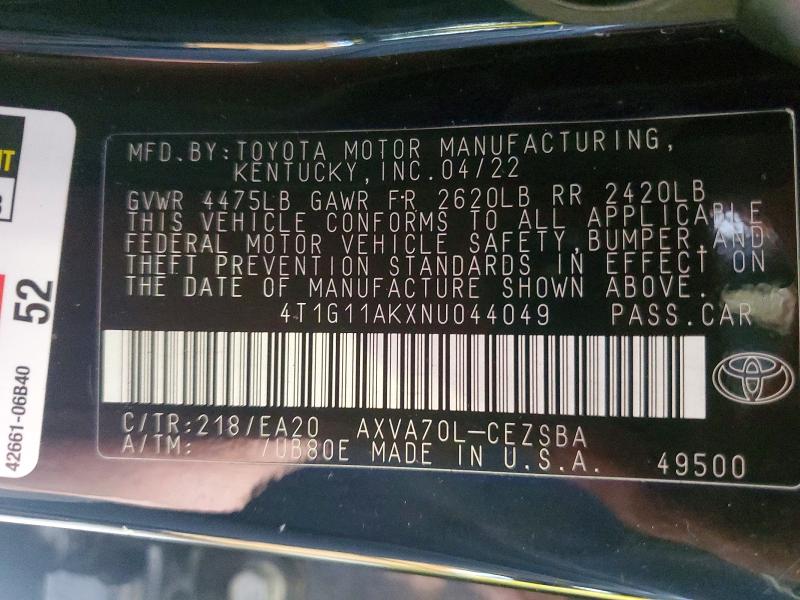 Aukcja sprzedaży 2022 Toyota Camry, vin: 4T1G11AKXNU044049, numer aukcji: 64539686