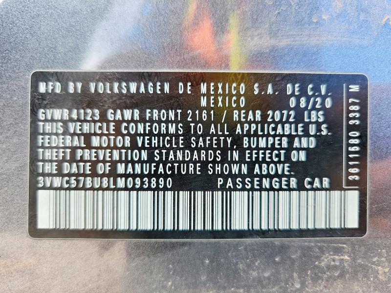 2020 Volkswagen Jetta მანქანა იყიდება აუქციონზე, vin: 3VWC57BU8LM093890, აუქციონის ნომერი: 65567156