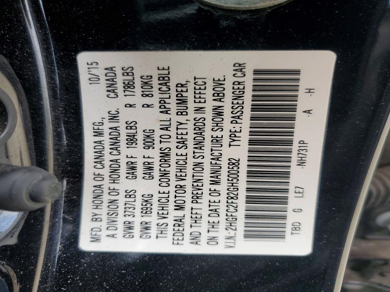Aukcja sprzedaży 2016 Honda Civic, vin: 2HGFC2F82GH500582, numer aukcji: 63532996