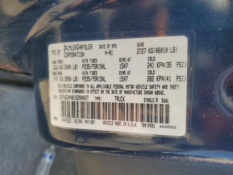 2001 Dodge Dakota მანქანა იყიდება აუქციონზე, vin: 1B7HG2AN01S280027, აუქციონის ნომერი: 63763966