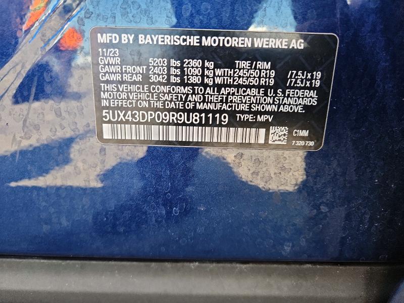 65147396 :رقم المزاد ، 5UX43DP09R9U81119 vin ، 2024 Bmw X3 مزاد بيع