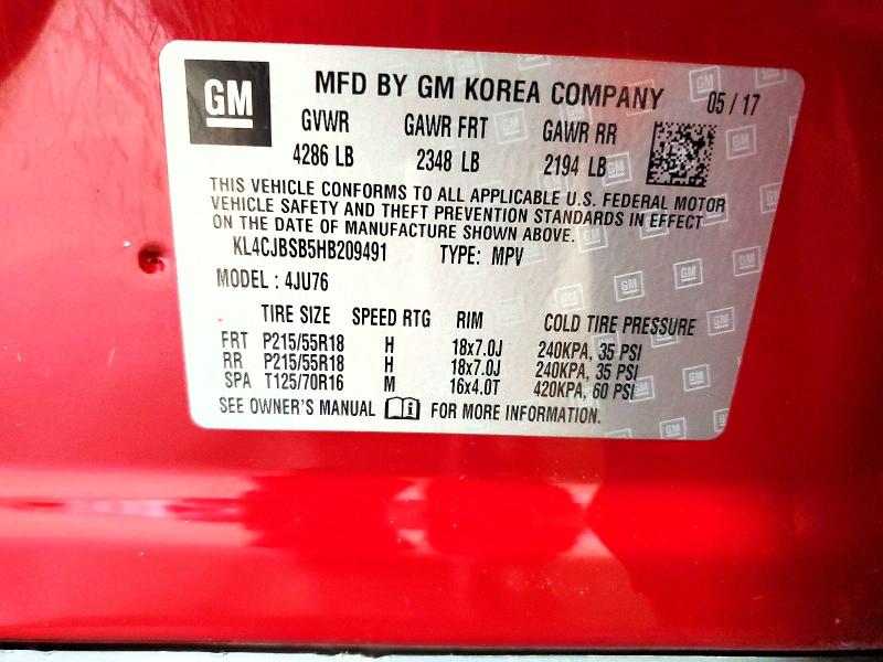 2017 Buick Encore მანქანა იყიდება აუქციონზე, vin: KL4CJBSB5HB209491, აუქციონის ნომერი: 63892626