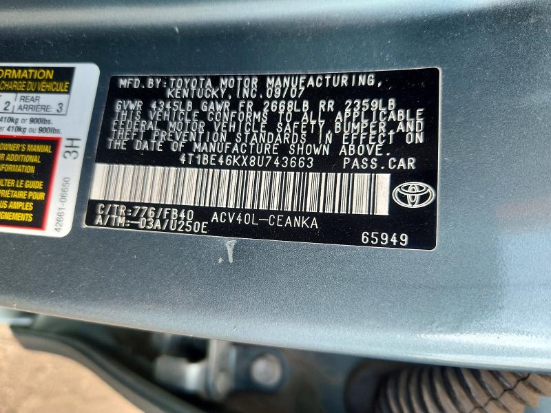 66915456 :رقم المزاد ، 4T1BE46KX8U743663 vin ، 2008 Toyota Camry مزاد بيع