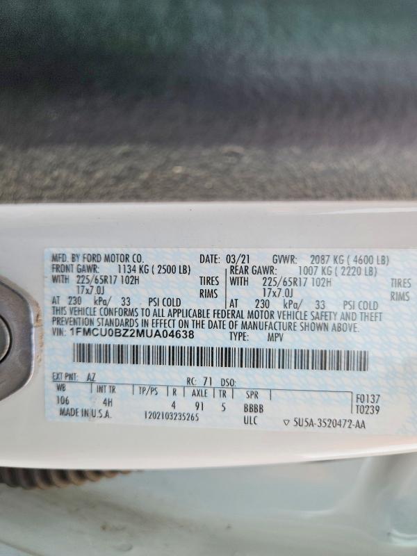 2021 Ford Escape მანქანა იყიდება აუქციონზე, vin: 1FMCU0BZ2MUA04638, აუქციონის ნომერი: 67013136