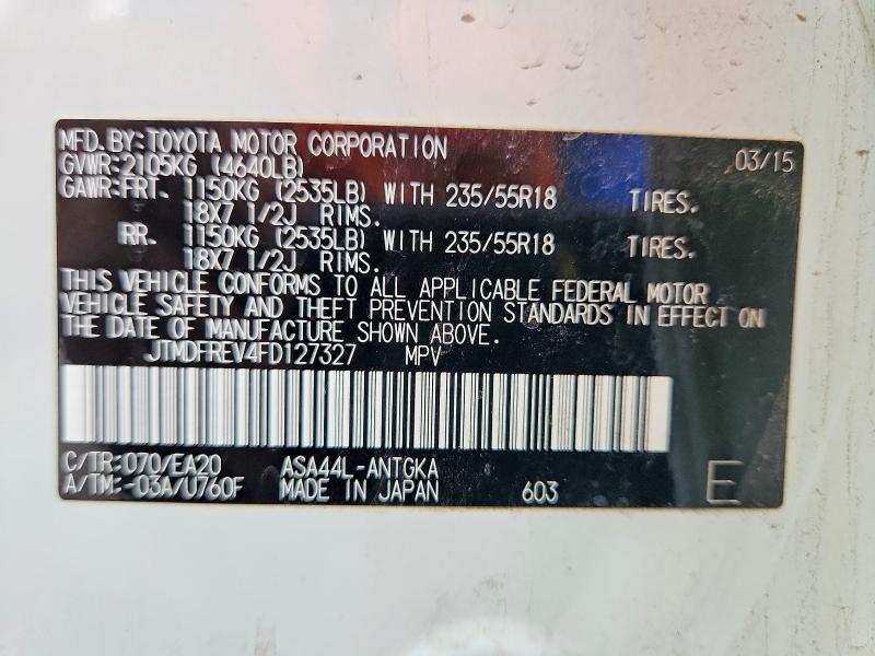 Aukcja sprzedaży 2015 Toyota Rav4, vin: JTMDFREV4FD127327, numer aukcji: 63326966