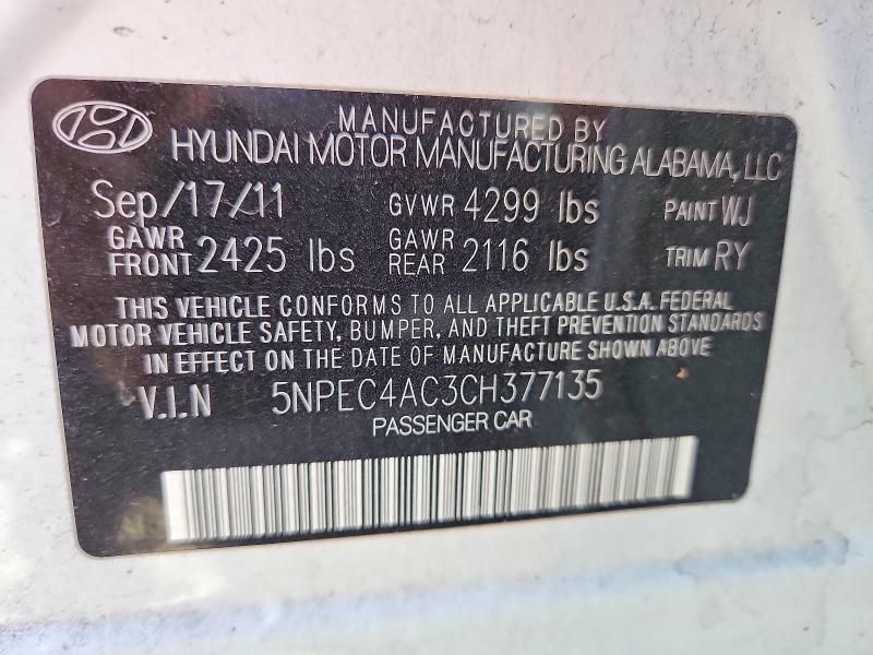 67143536 :رقم المزاد ، 5NPEC4AC3CH377135 vin ، 2012 Hyundai Sonata مزاد بيع